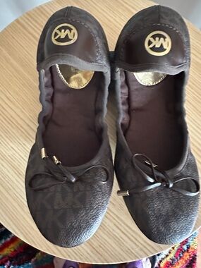 Michael Kors Dark Brown Logo Round-Toe Ballet Flats with Gold MK Emblem